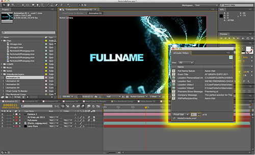 Palette XMPie uMerge Video dans Adobe After Effects