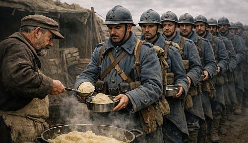 Un cantinier servant le même rata à tous les soldats du bataillon