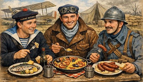 Trois soldats attablés devant chacun de leurs plats favoris