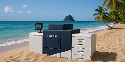 Une presse Fujifilm Revoria PC1120 sur la plage du Diamant à la Martinique