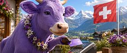 Une vache mauve suisse payant par carte bancaire
