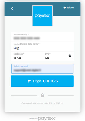Inserimento dei dati della carta bancaria tramite Payrexx durante un ordine Web-to-Print
