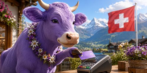 Une vache mauve suisse payant par carte bancaire